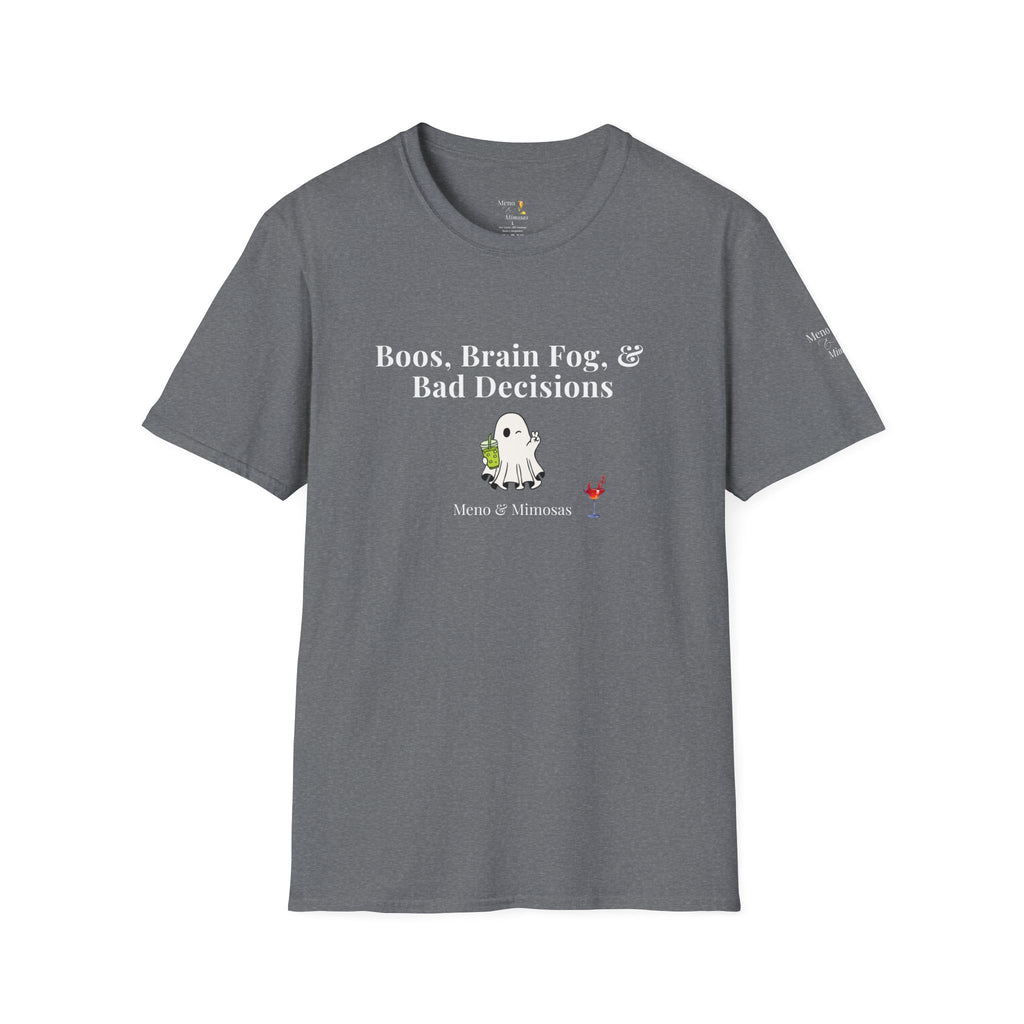 "Boos, Brain Fog & Bad Decisions" Funny Menopause Humour T-Shirt by Meno & Mimosas