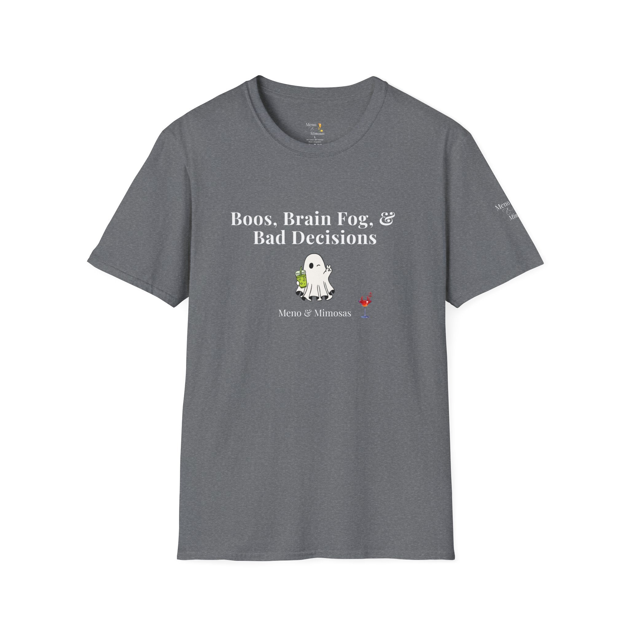 "Boos, Brain Fog & Bad Decisions" Funny Menopause Humour T-Shirt by Meno & Mimosas