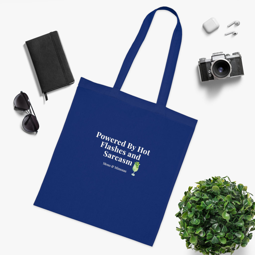 "Powered by Hormone Replacements and Prosecco" Funny Menopause Humour Tote Shopping Bag by Meno & Mimosas