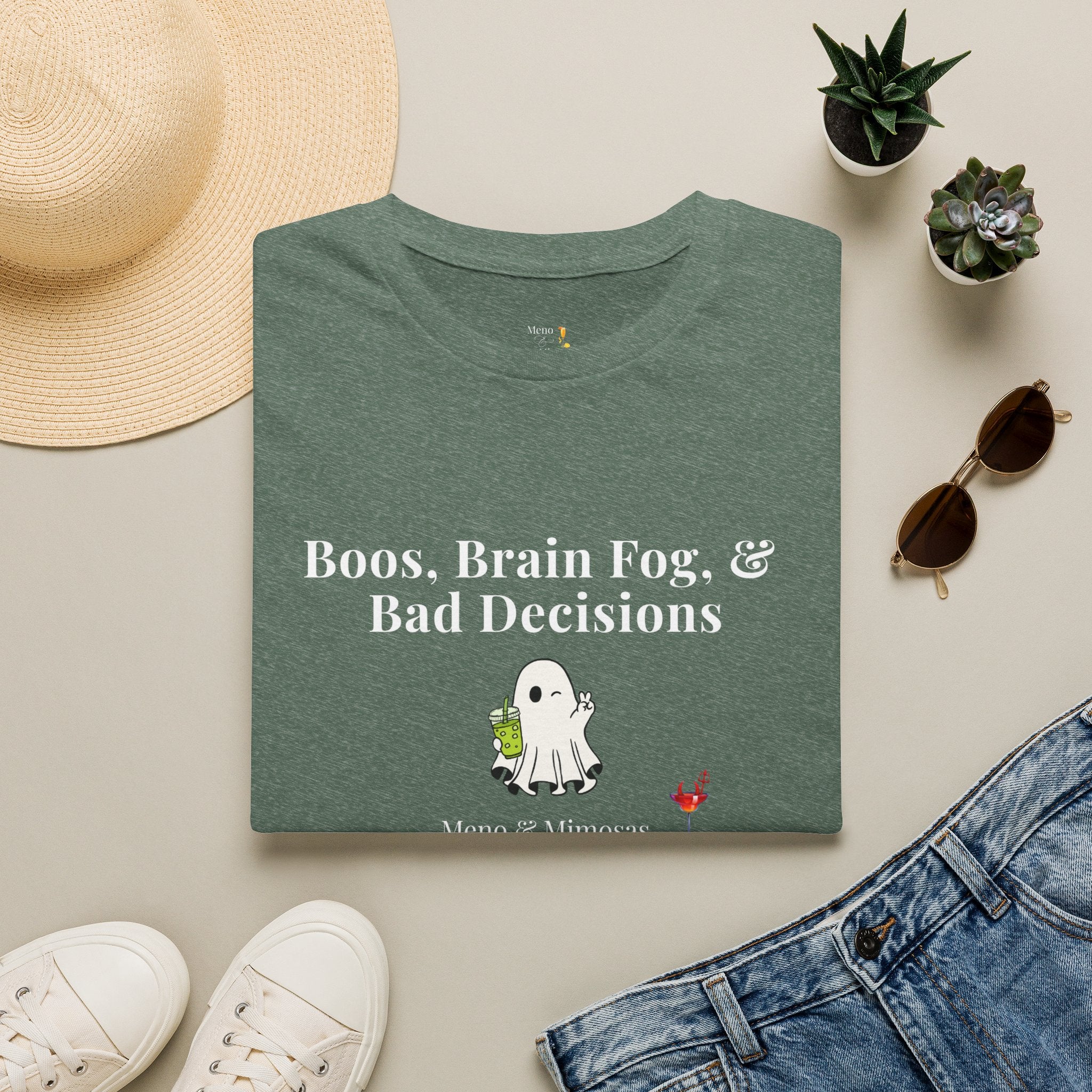 "Boos, Brain Fog & Bad Decisions" Funny Menopause Humour T-Shirt by Meno & Mimosas