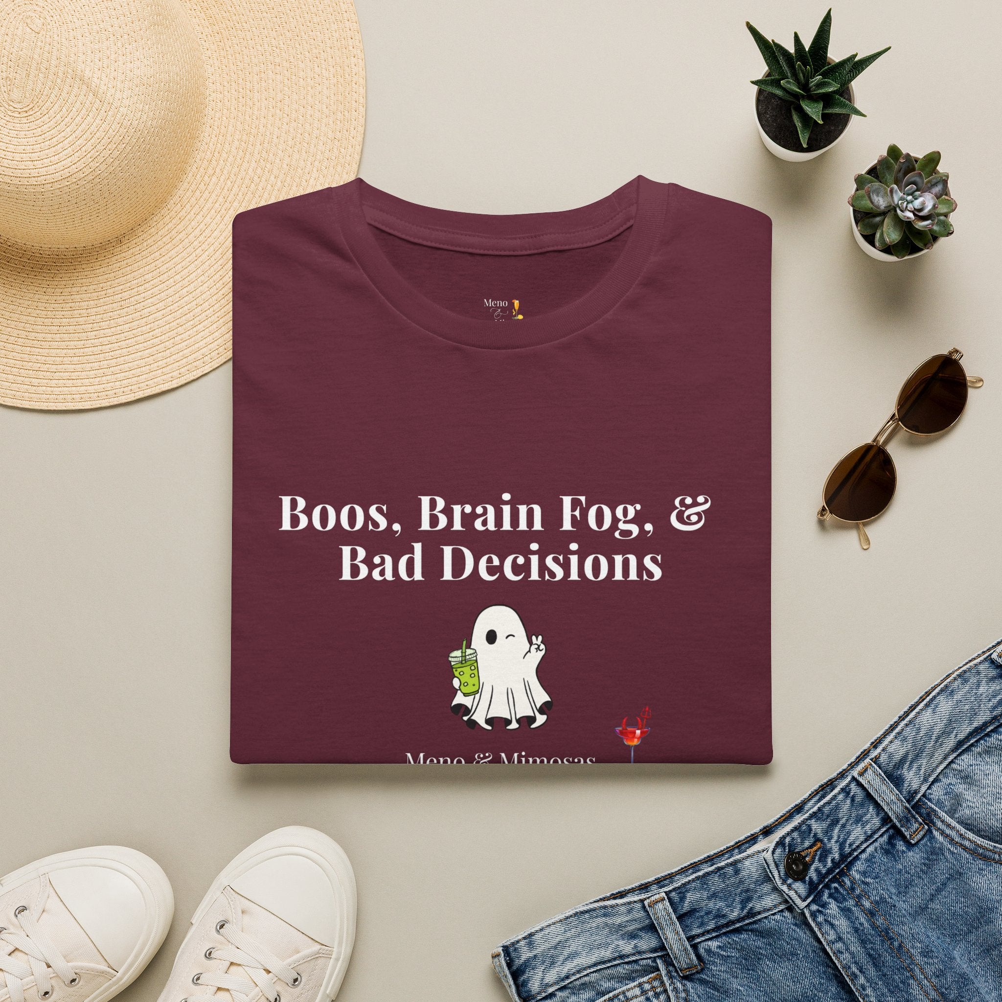 "Boos, Brain Fog & Bad Decisions" Funny Menopause Humour T-Shirt by Meno & Mimosas