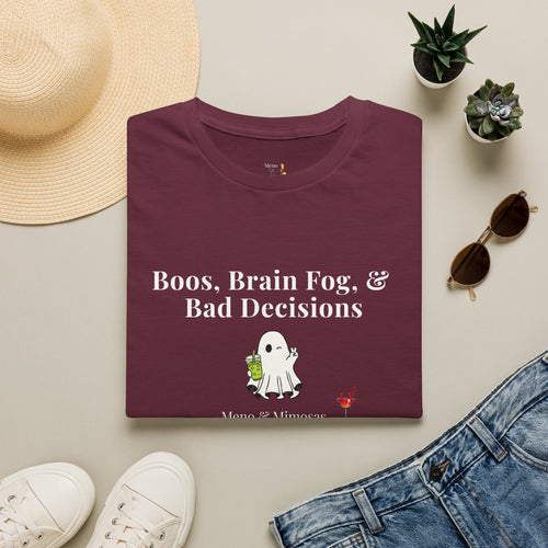 "Boos, Brain Fog & Bad Decisions" Funny Menopause Humour T-Shirt by Meno & Mimosas