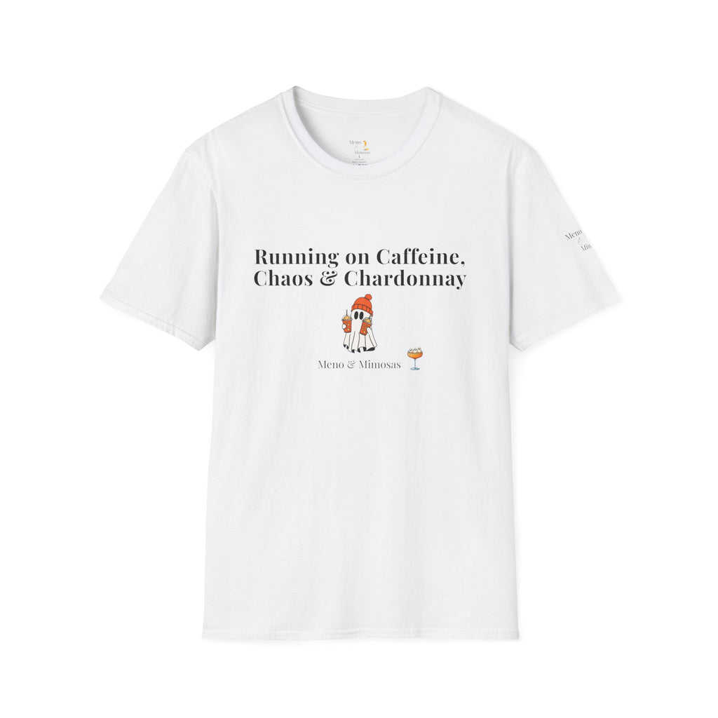 "Running on Caffeine, Chaos, & Chardonnay" Funny Menopause Humour T-Shirt by Meno & Mimosas - Halloween Collection