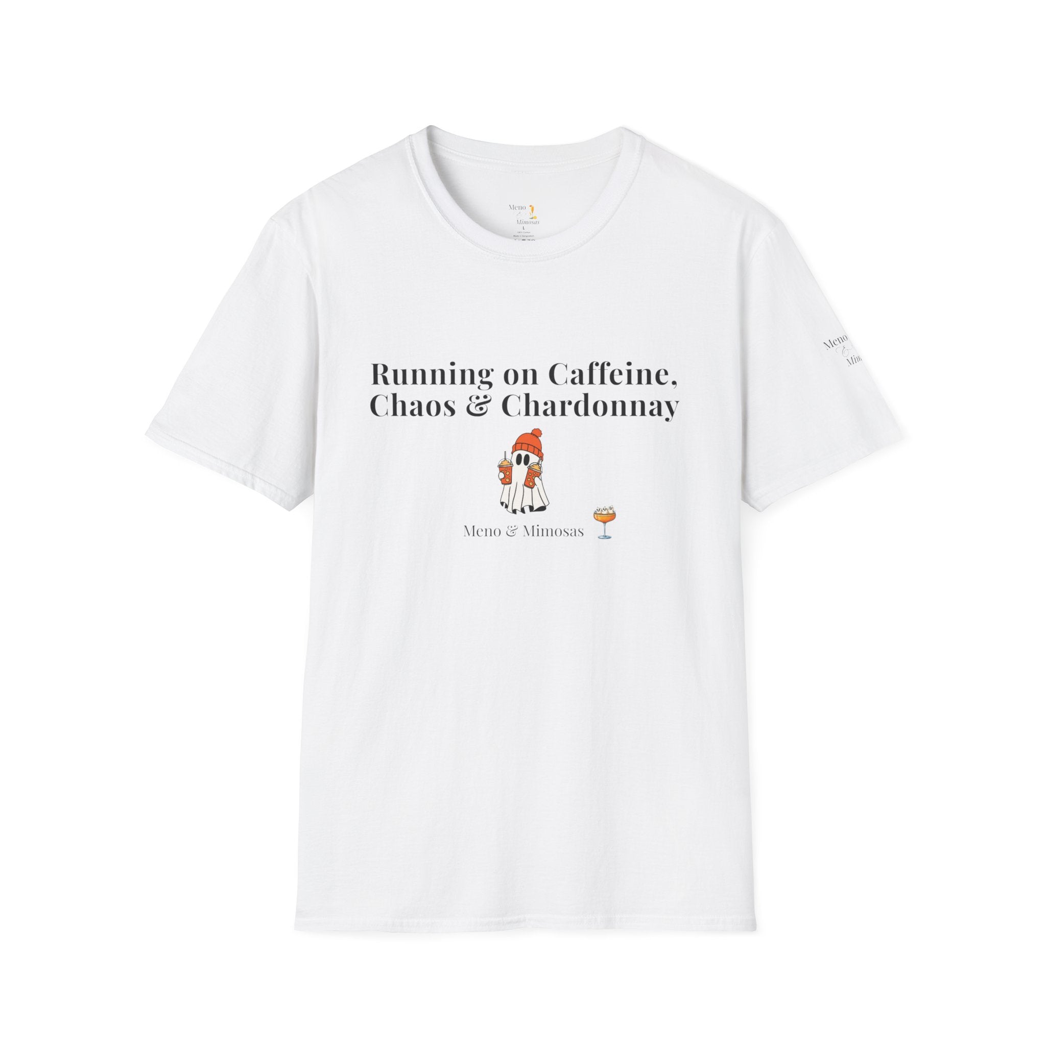 "Running on Caffeine, Chaos, & Chardonnay" Funny Menopause Humour T-Shirt by Meno & Mimosas - Halloween Collection