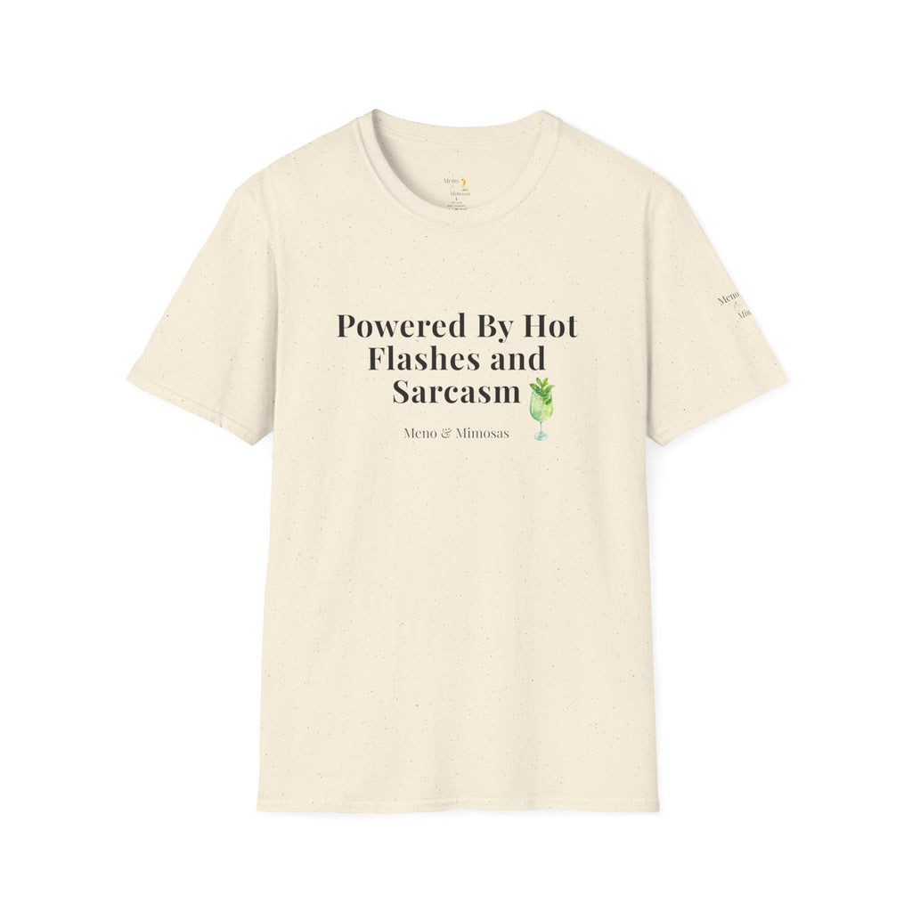 "Powered By Hot Flashes and Sarcasm" Funny Menopause T-Shirt by Meno & Mimosas