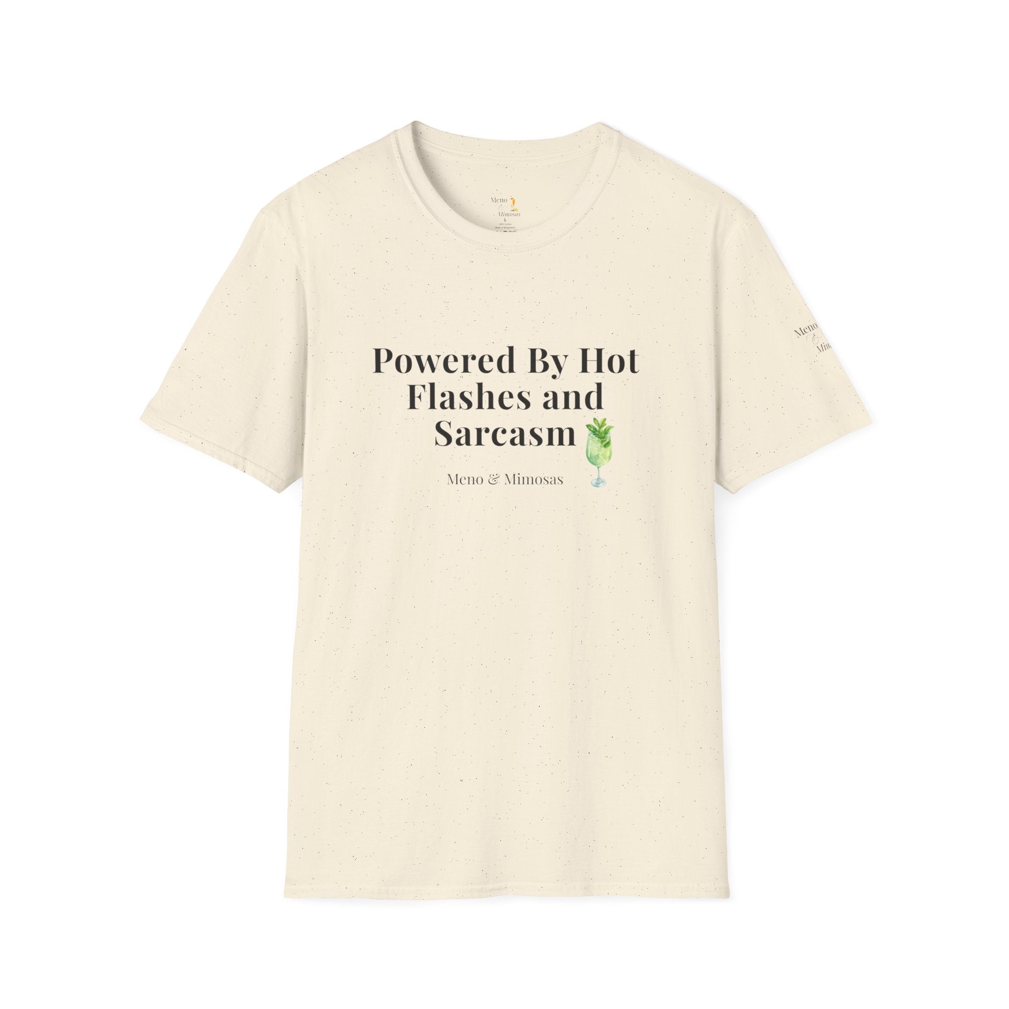 "Powered By Hot Flashes and Sarcasm" Funny Menopause T-Shirt by Meno & Mimosas