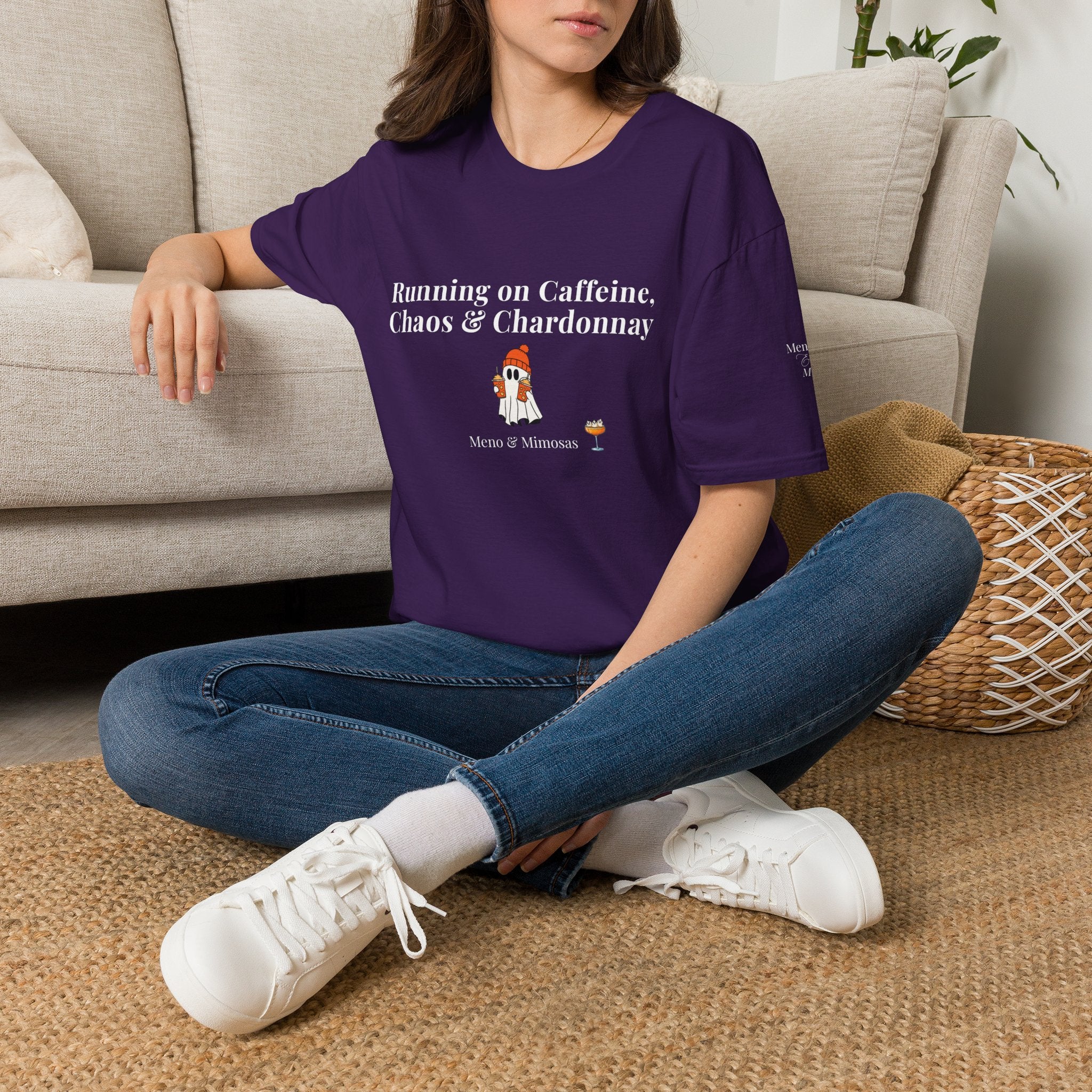 "Running on Caffeine, Chaos & Chardonnay" Funny Halloween T-Shirt by Meno & Mimosas