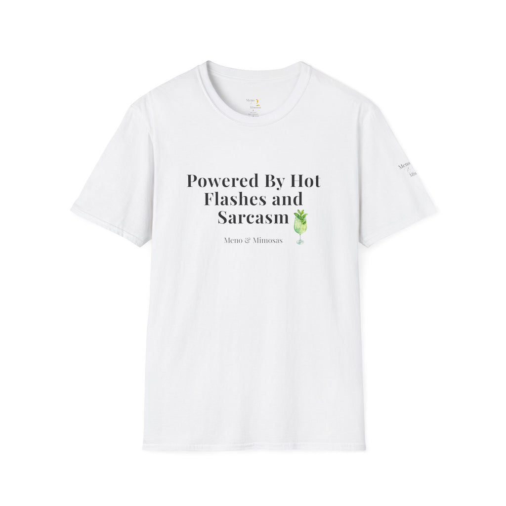 "Powered By Hot Flashes and Sarcasm" Funny Menopause T-Shirt by Meno & Mimosas