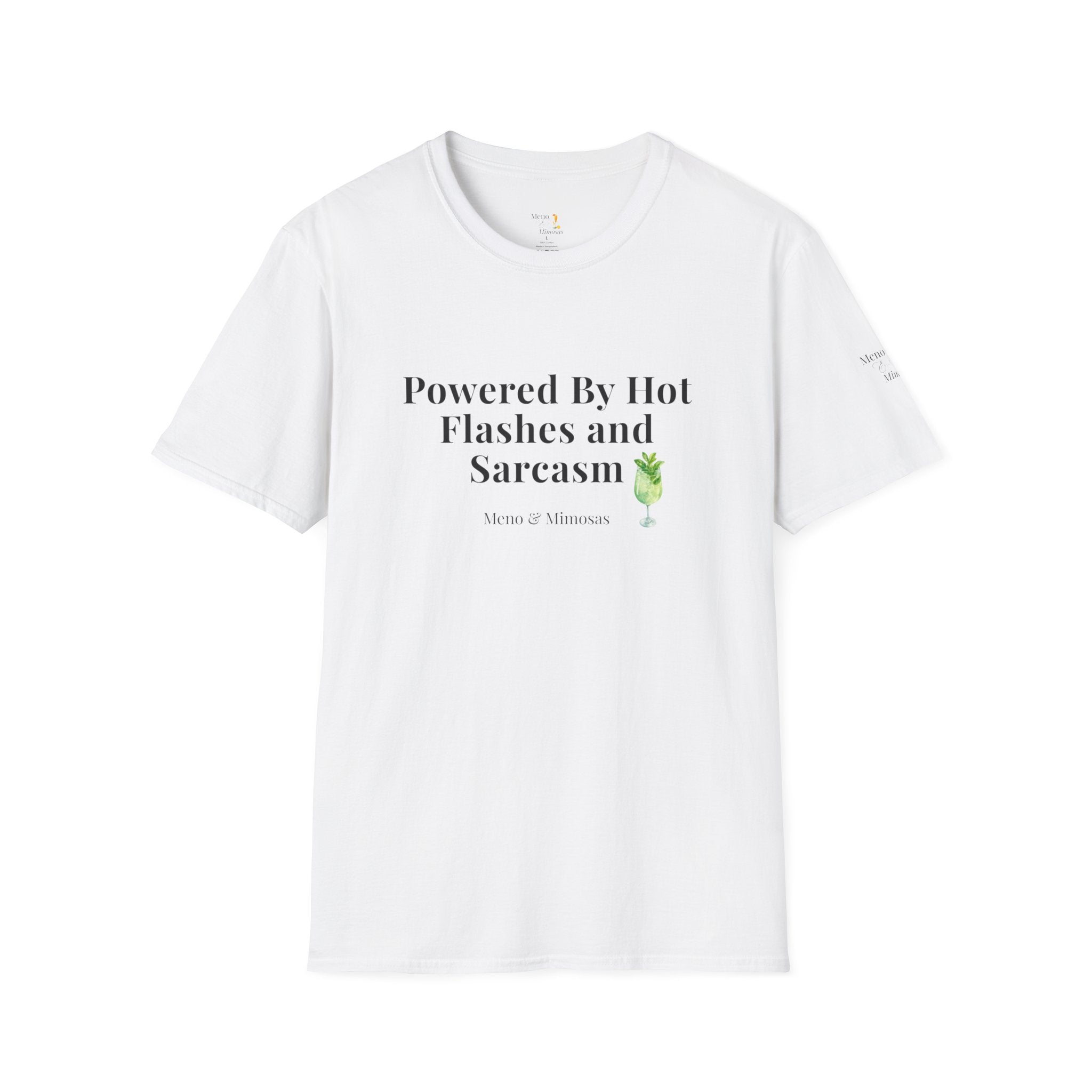 "Powered By Hot Flashes and Sarcasm" Funny Menopause T-Shirt by Meno & Mimosas