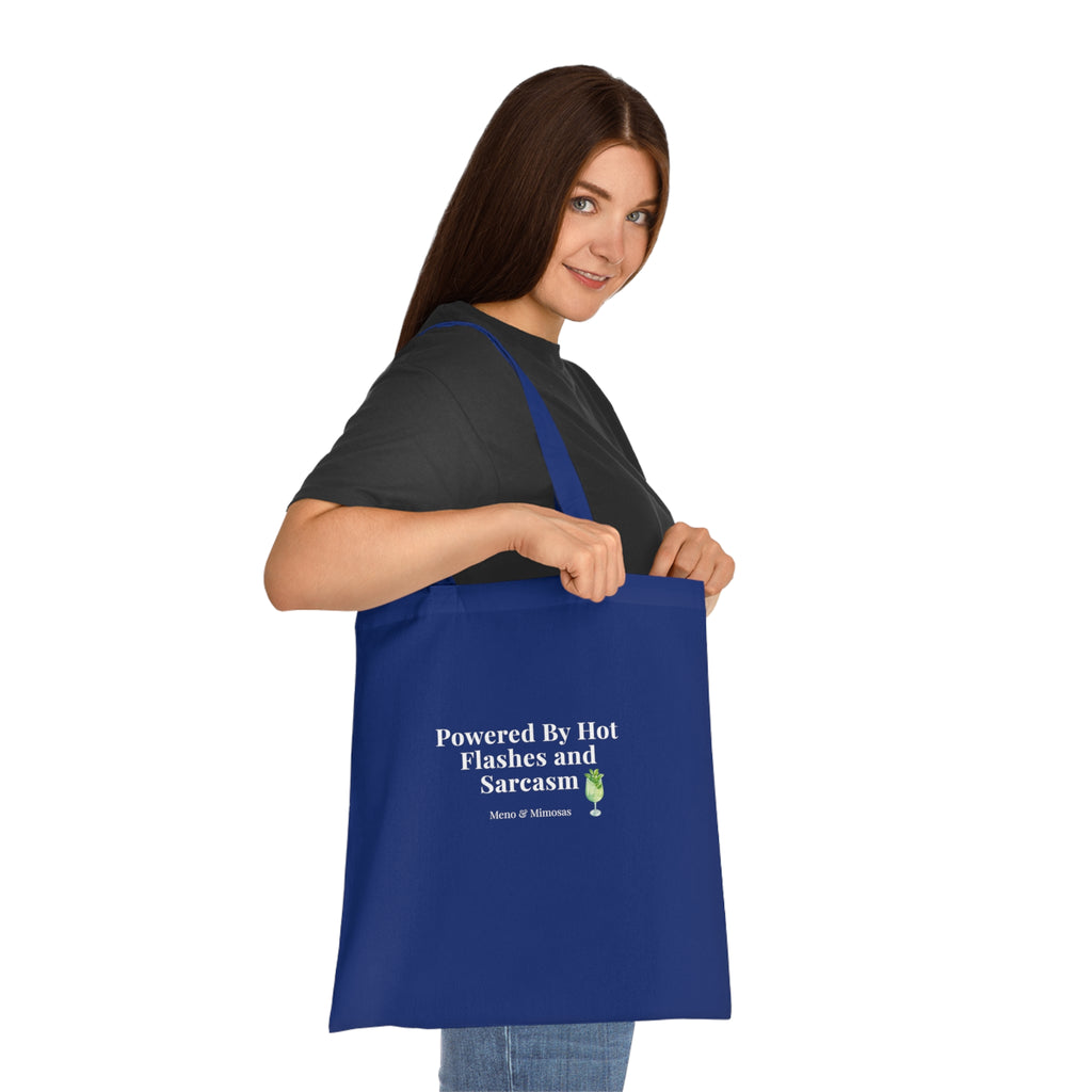 "Powered by Hormone Replacements and Prosecco" Funny Menopause Humour Tote Shopping Bag by Meno & Mimosas