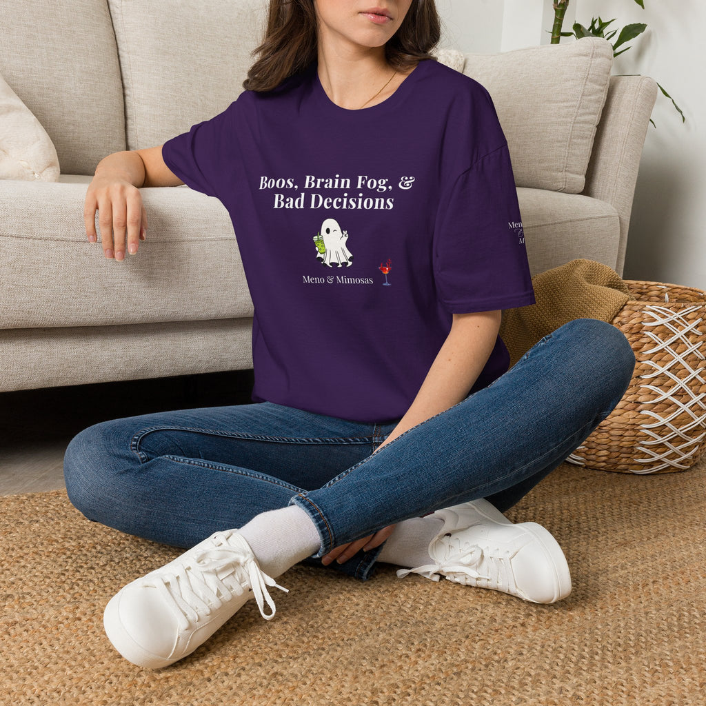 "Boos, Brain Fog & Bad Decisions" Funny Menopause Humour T-Shirt by Meno & Mimosas