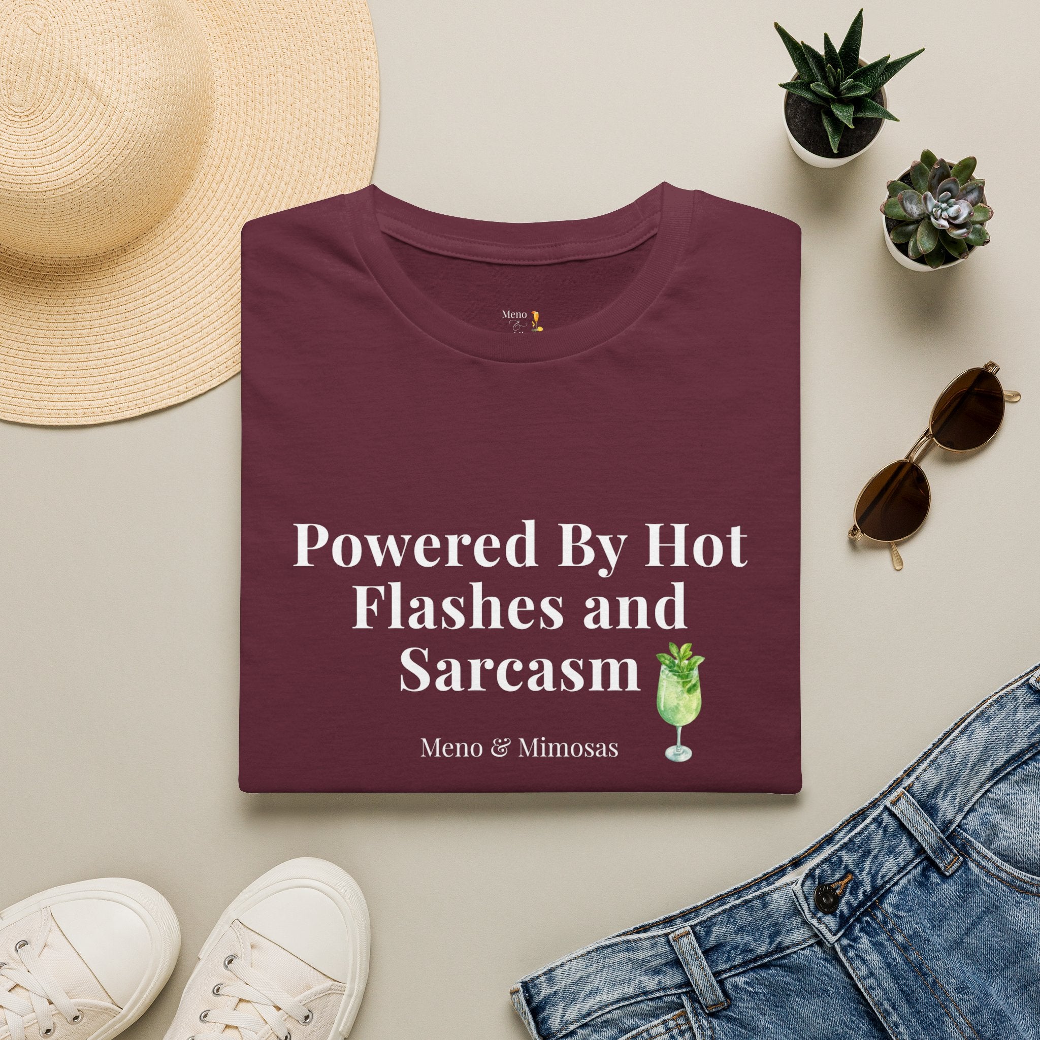 "Powered By Hot Flashes & Sarcasm" Funny Menopause T-Shirt by Meno & Mimosas