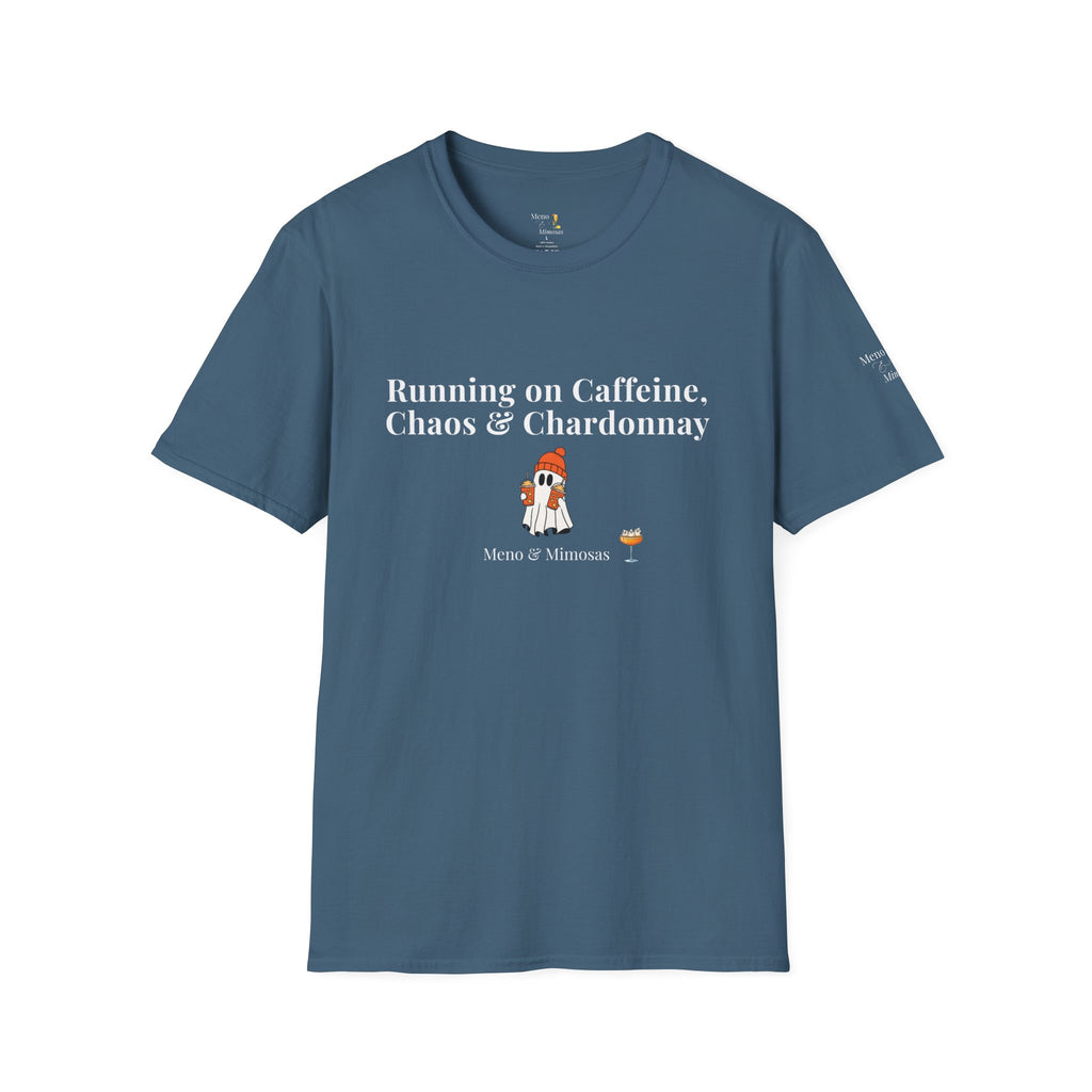 "Running on Caffeine, Chaos & Chardonnay" Funny Halloween T-Shirt by Meno & Mimosas