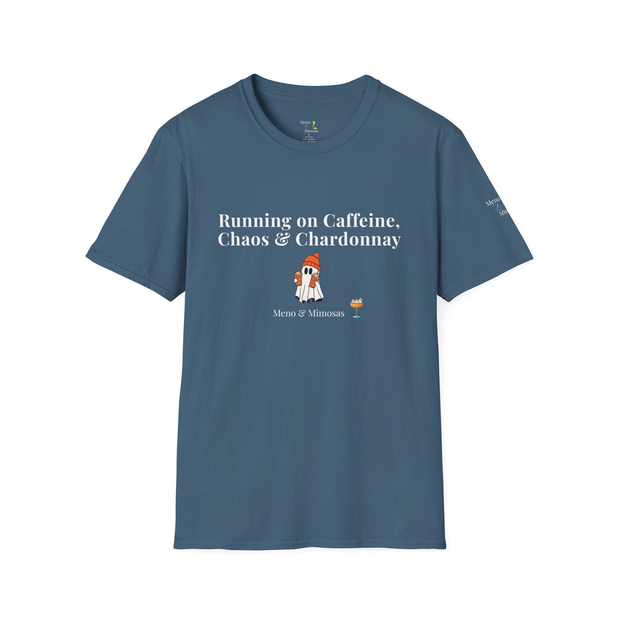 "Running on Caffeine, Chaos & Chardonnay" Funny Halloween T-Shirt by Meno & Mimosas