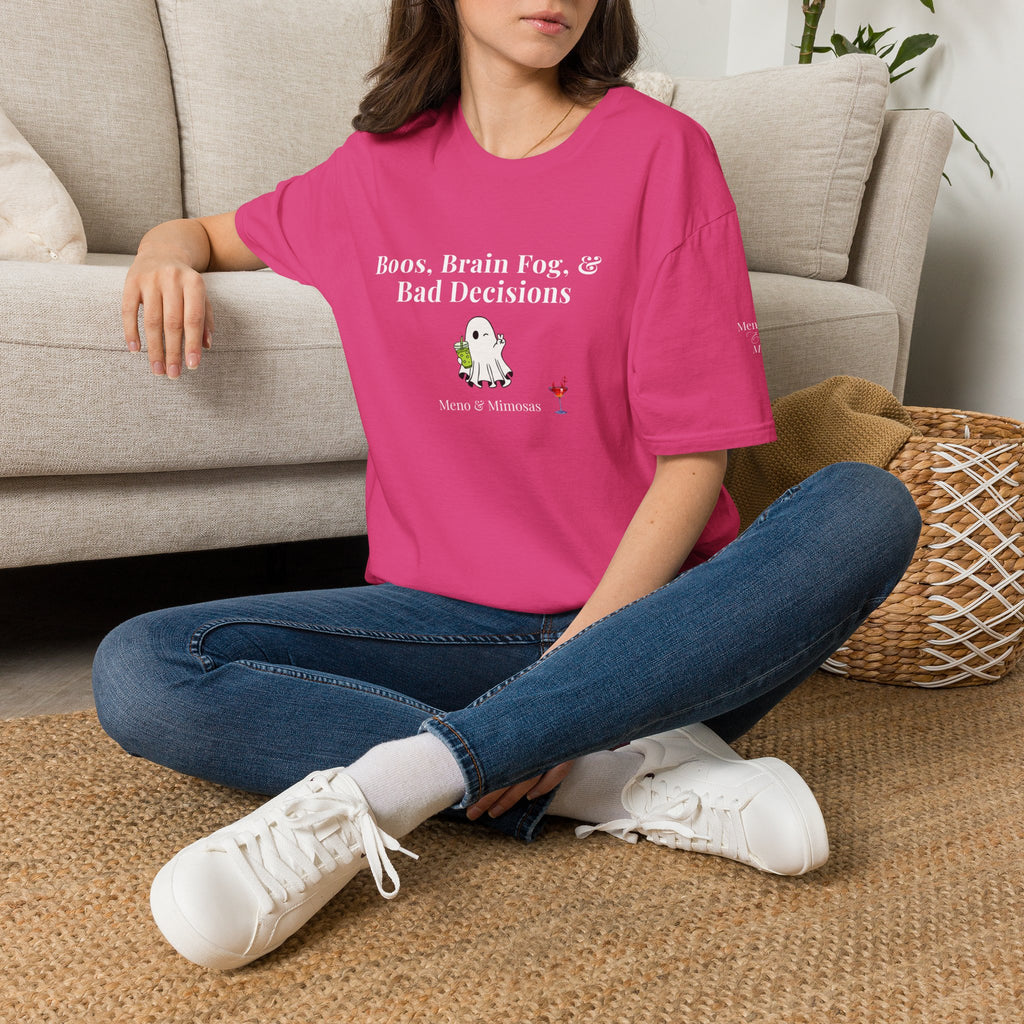 "Boos, Brain Fog & Bad Decisions" Funny Menopause Humour T-Shirt by Meno & Mimosas