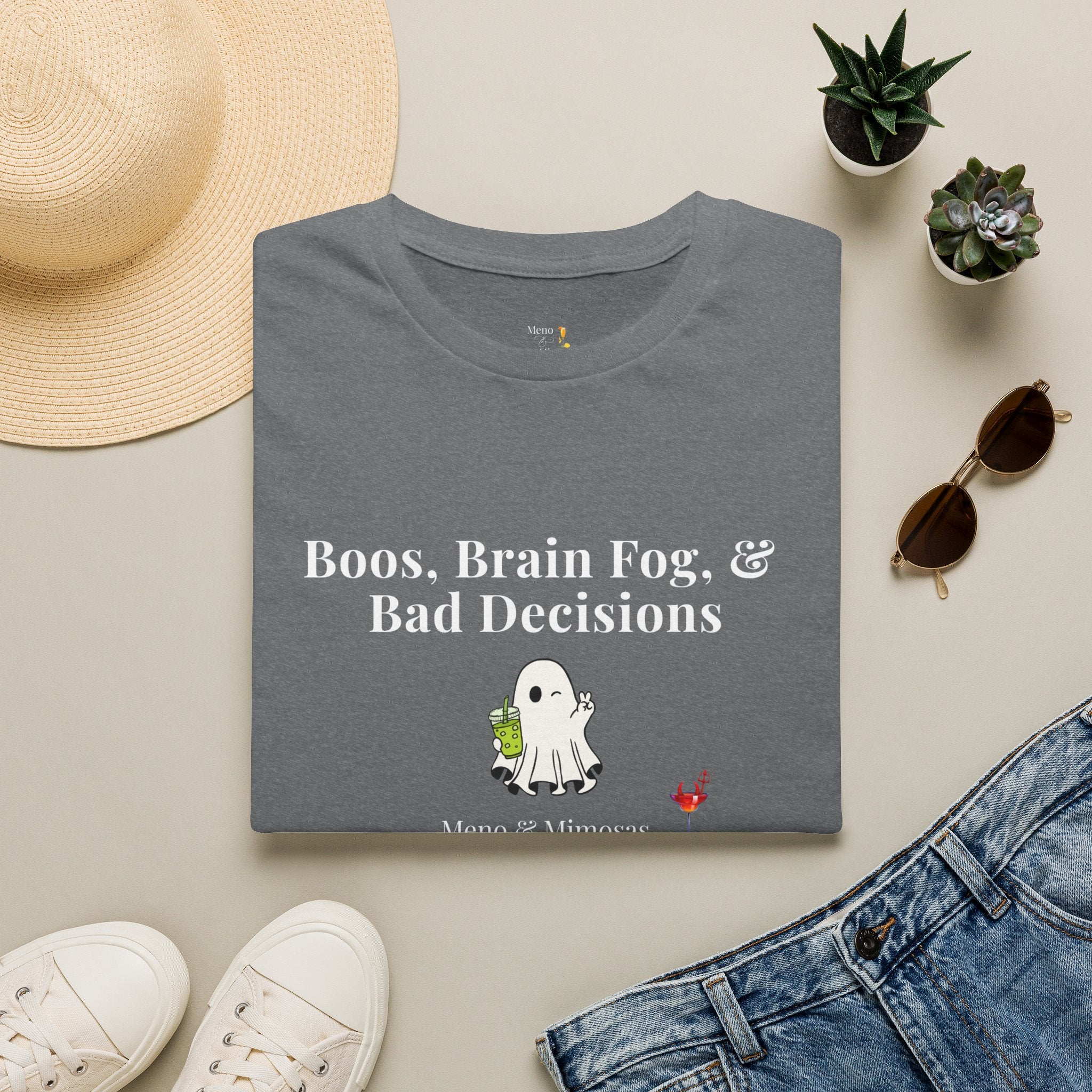 "Boos, Brain Fog & Bad Decisions" Funny Menopause Humour T-Shirt by Meno & Mimosas