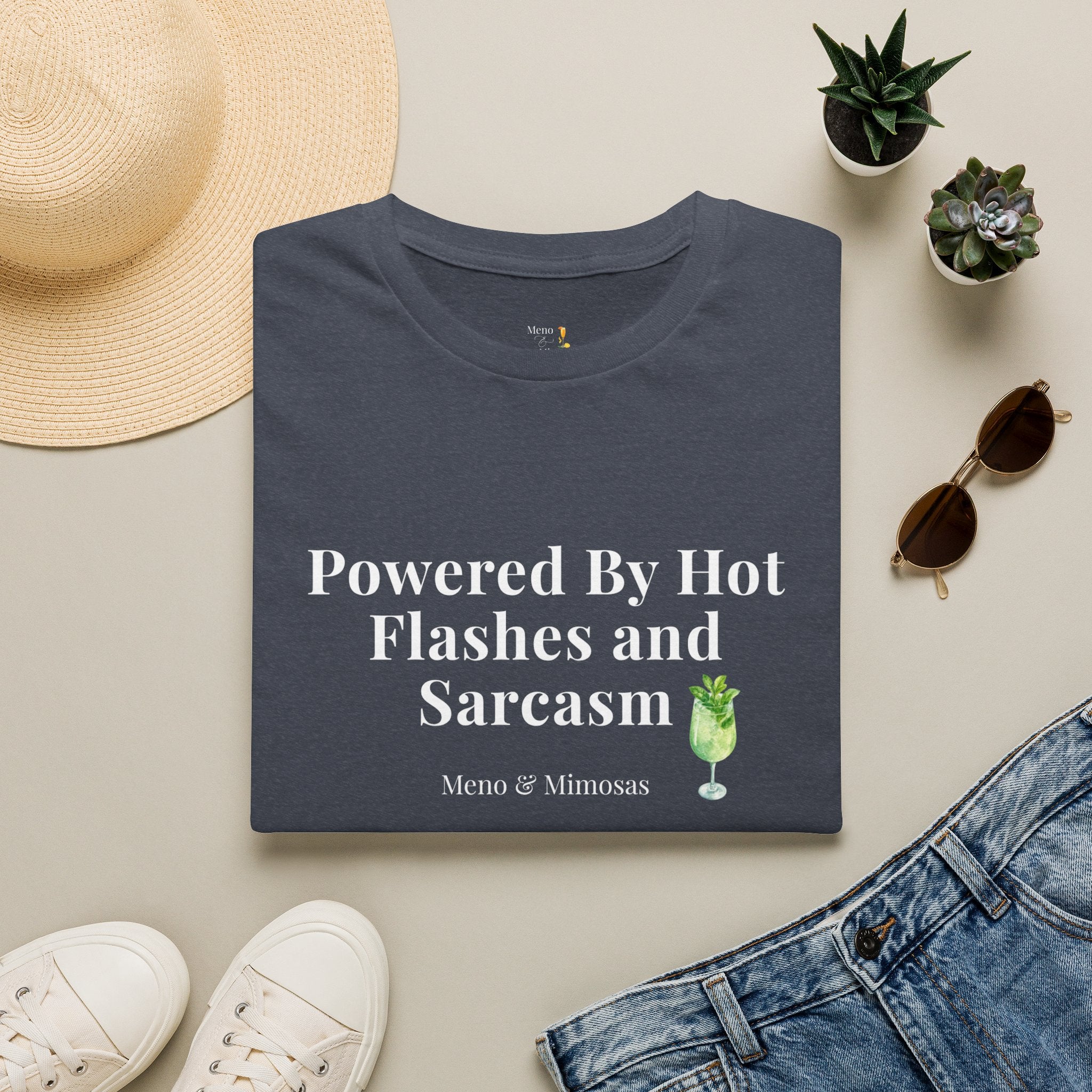 "Powered By Hot Flashes & Sarcasm" Funny Menopause T-Shirt by Meno & Mimosas