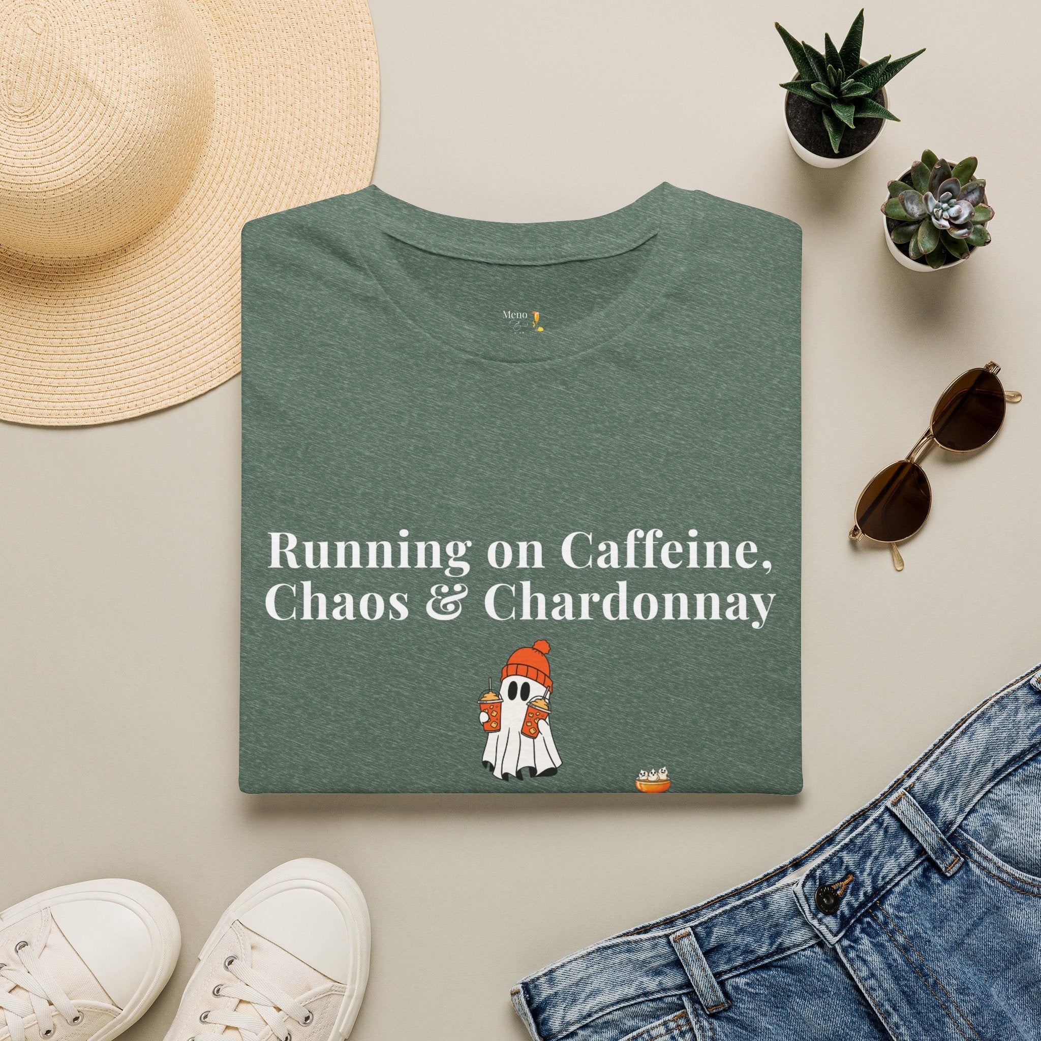 "Running on Caffeine, Chaos & Chardonnay" Funny Halloween T-Shirt by Meno & Mimosas