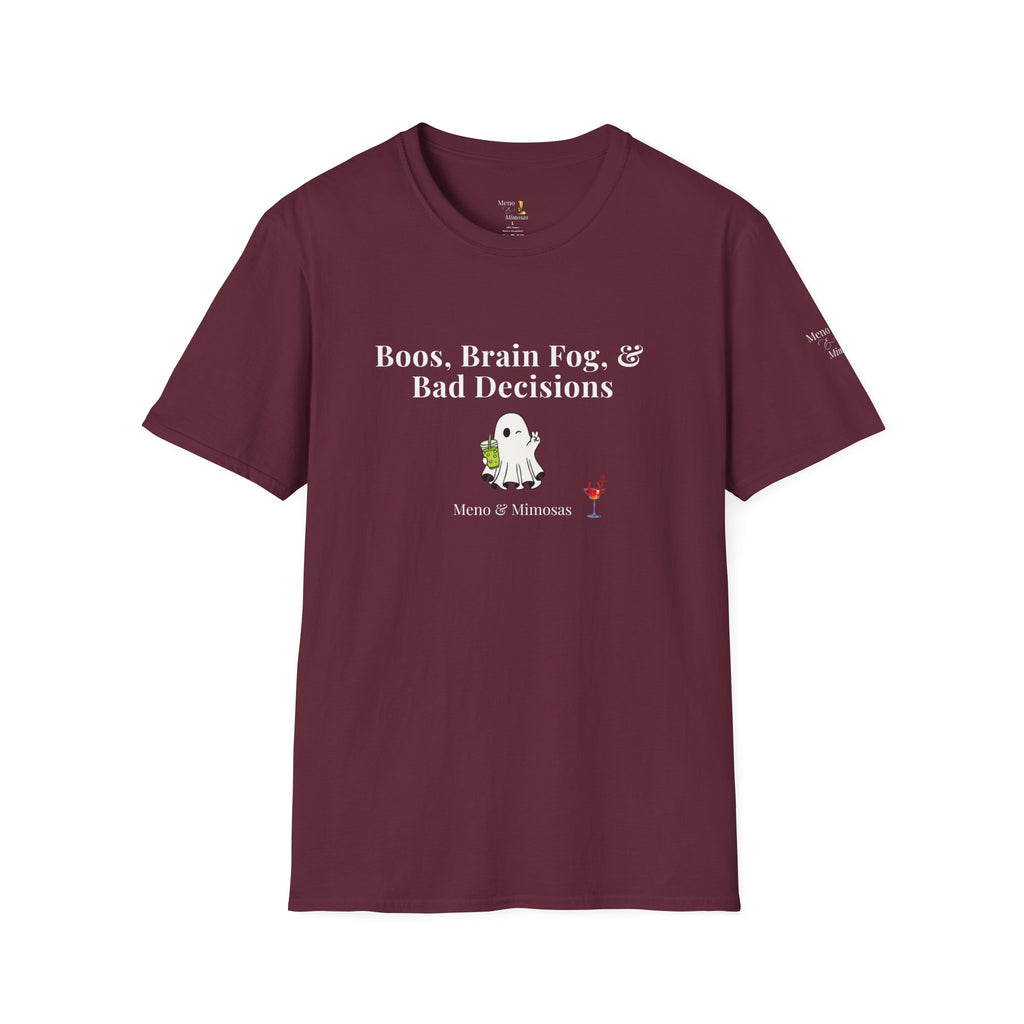 "Boos, Brain Fog & Bad Decisions" Funny Menopause Humour T-Shirt by Meno & Mimosas