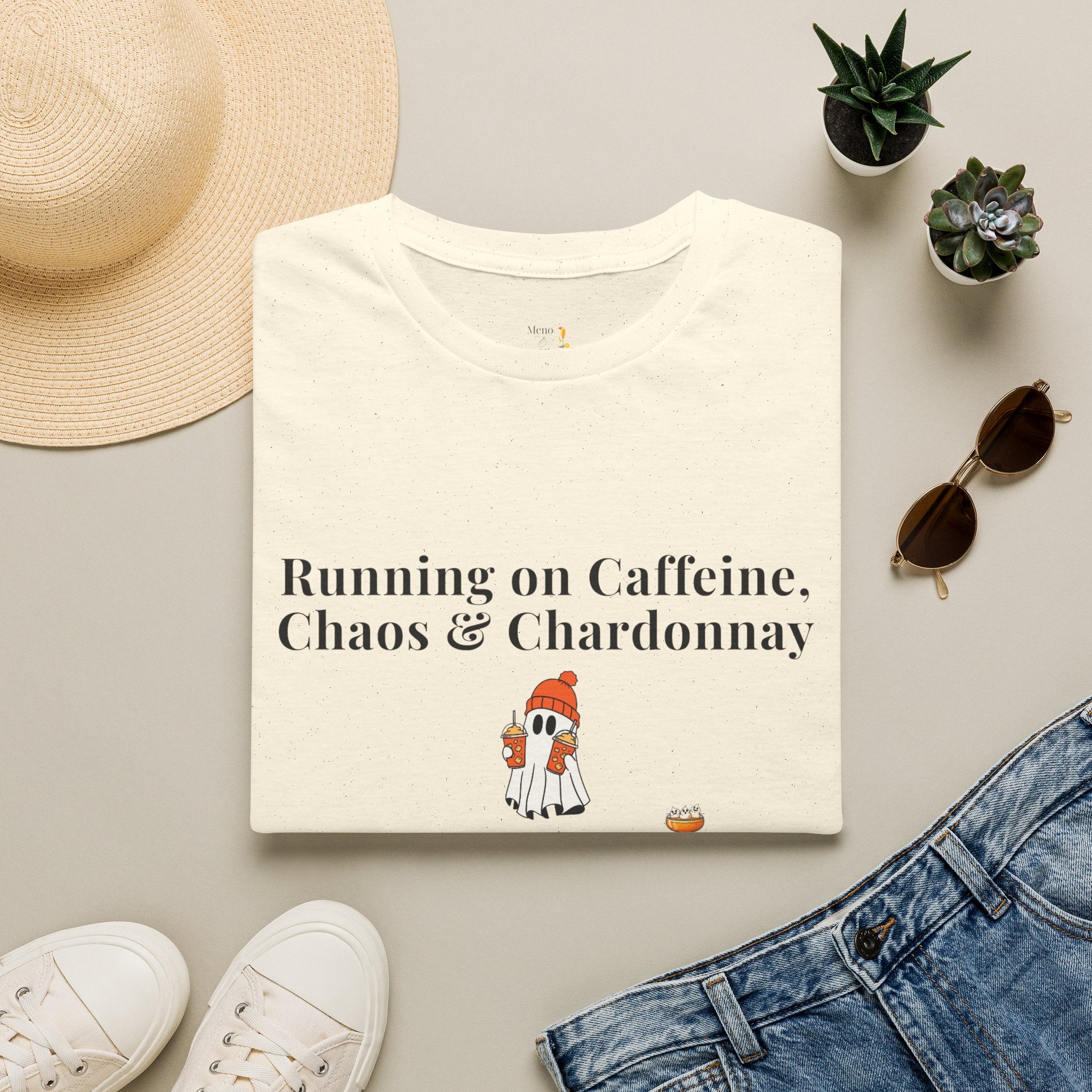 "Running on Caffeine, Chaos, & Chardonnay" Funny Menopause Humour T-Shirt by Meno & Mimosas - Halloween Collection