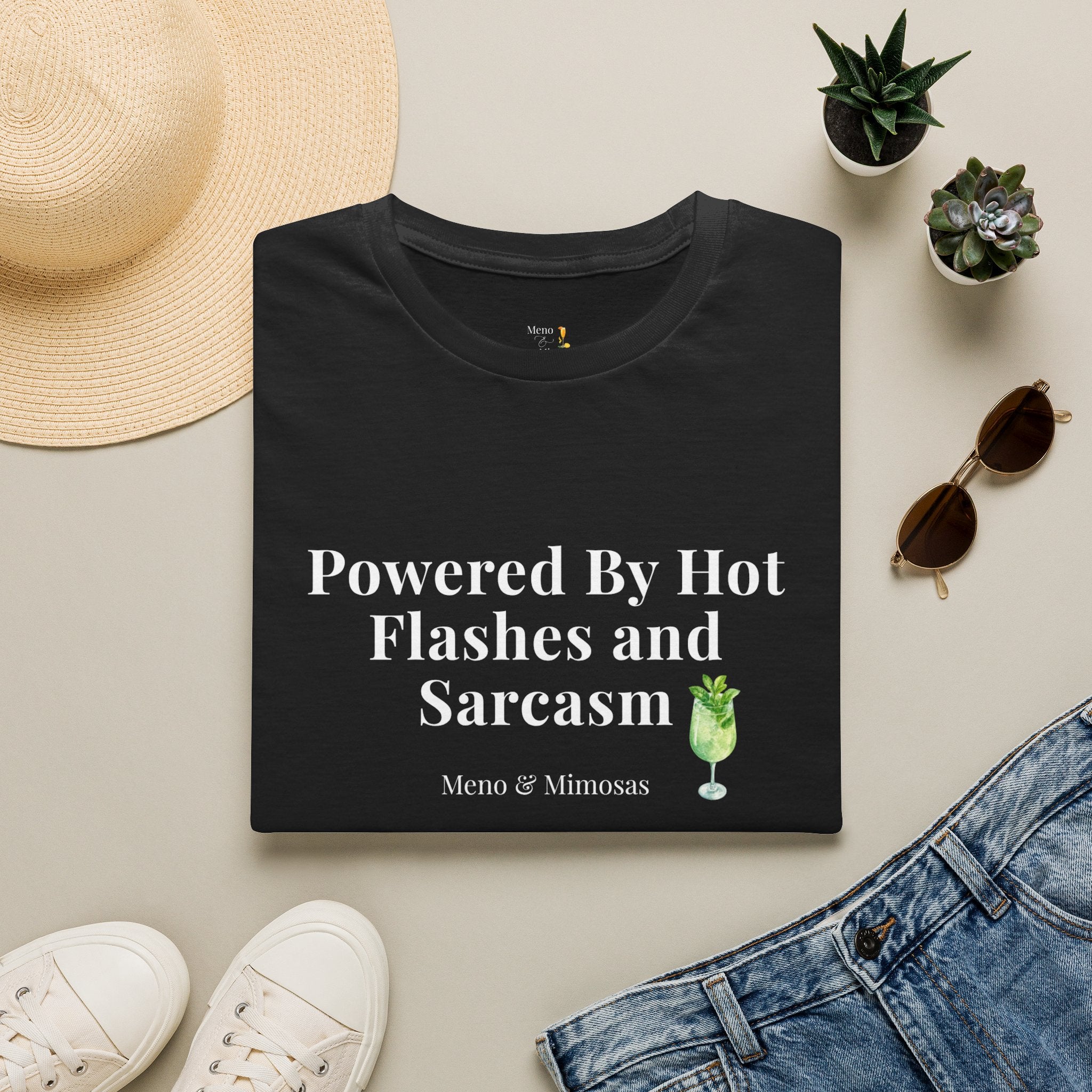 "Powered By Hot Flashes & Sarcasm" Funny Menopause T-Shirt by Meno & Mimosas