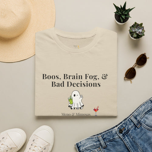 "Boos, Brain Fog, & Bad Decisions" Funny menopause humour T-Shirt from Meno & Mimosas