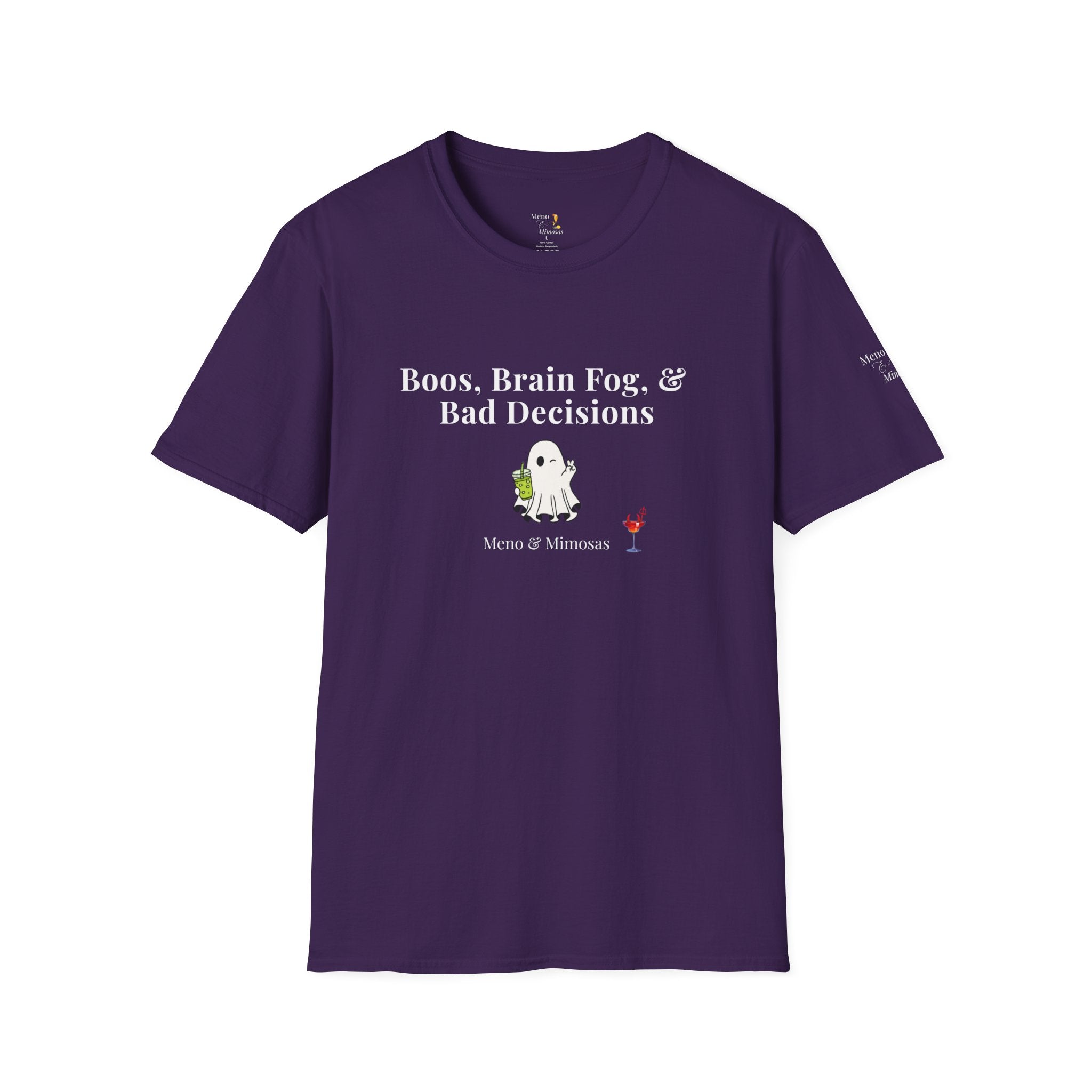 "Boos, Brain Fog & Bad Decisions" Funny Menopause Humour T-Shirt by Meno & Mimosas