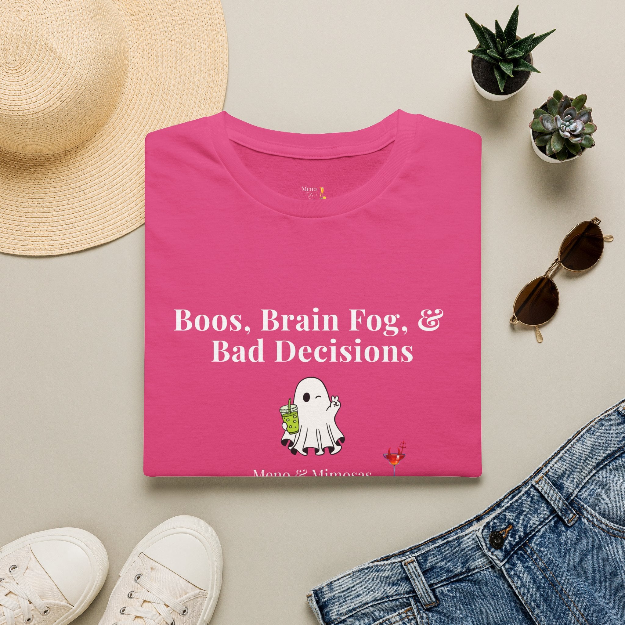 "Boos, Brain Fog & Bad Decisions" Funny Menopause Humour T-Shirt by Meno & Mimosas