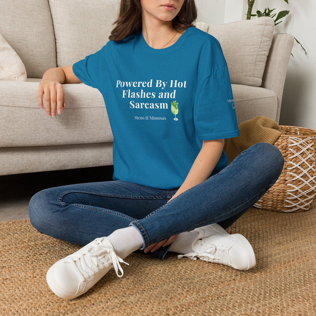 "Powered By Hot Flashes & Sarcasm" Funny Menopause T-Shirt by Meno & Mimosas