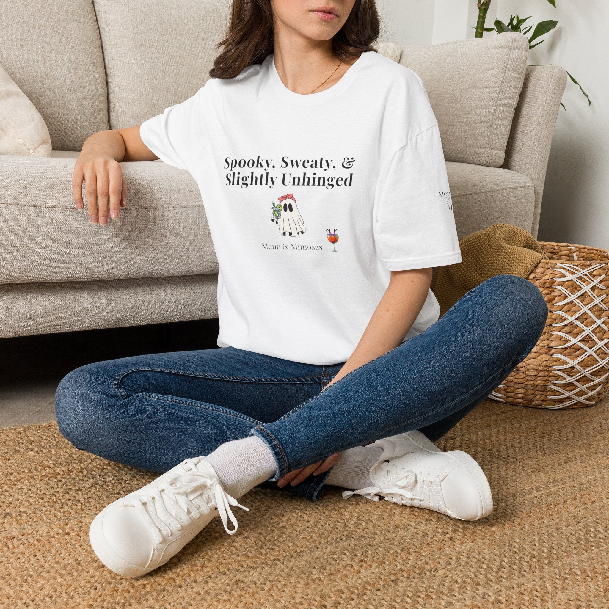 "Spooky, Sweaty, & Slightly Unhinged Funny T-Shirt by Meno & Mimosas - Halloween Collection