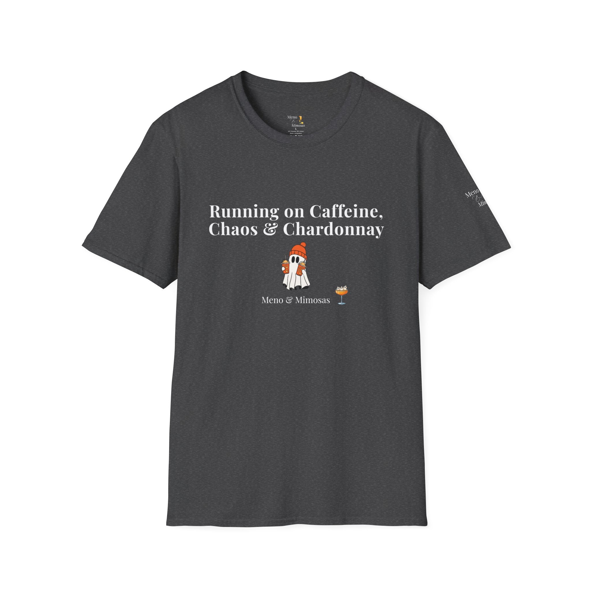 "Running on Caffeine, Chaos & Chardonnay" Funny Halloween T-Shirt by Meno & Mimosas