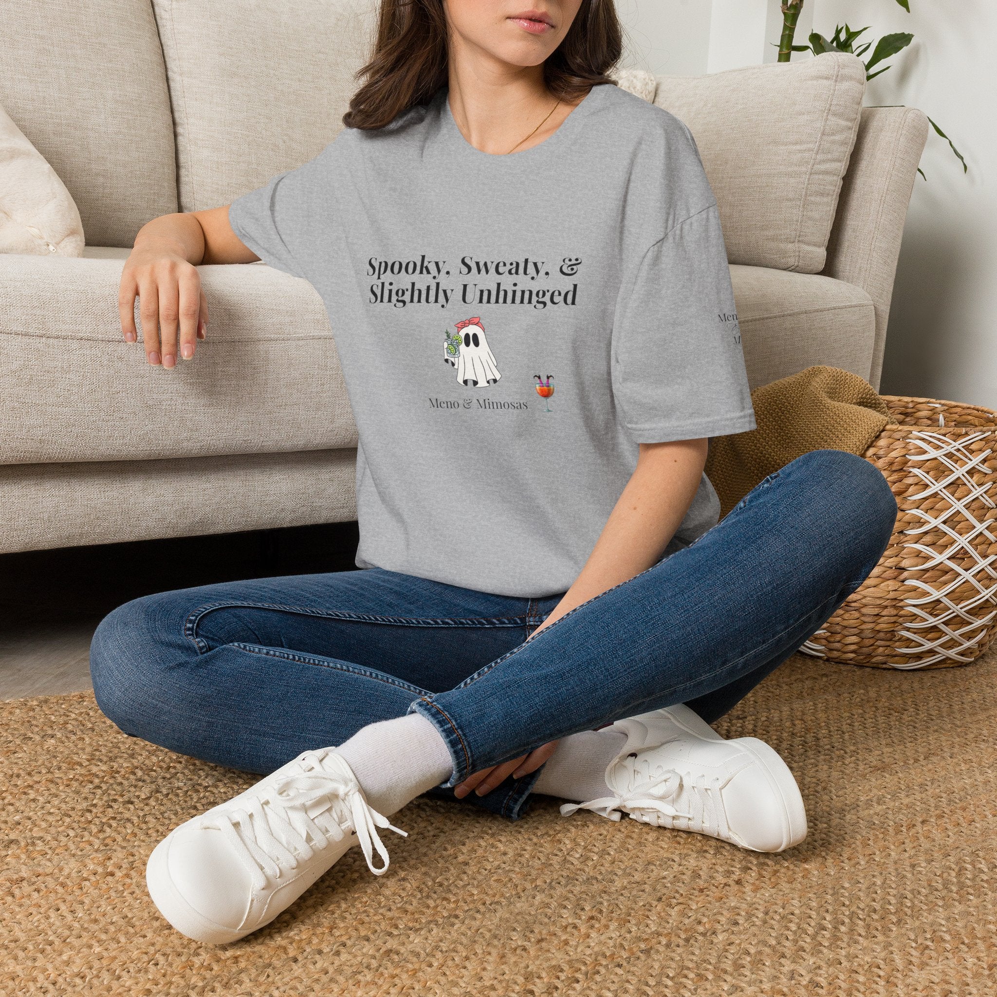"Spooky, Sweaty, & Slightly Unhinged Funny T-Shirt by Meno & Mimosas - Halloween Collection