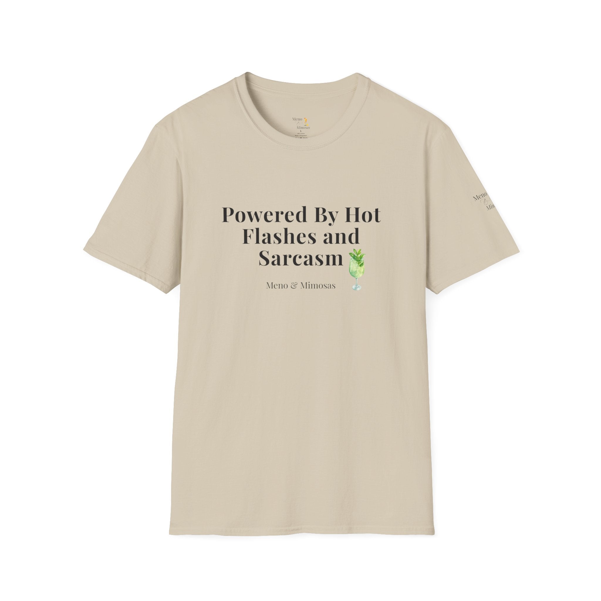 "Powered By Hot Flashes and Sarcasm" Funny Menopause T-Shirt by Meno & Mimosas
