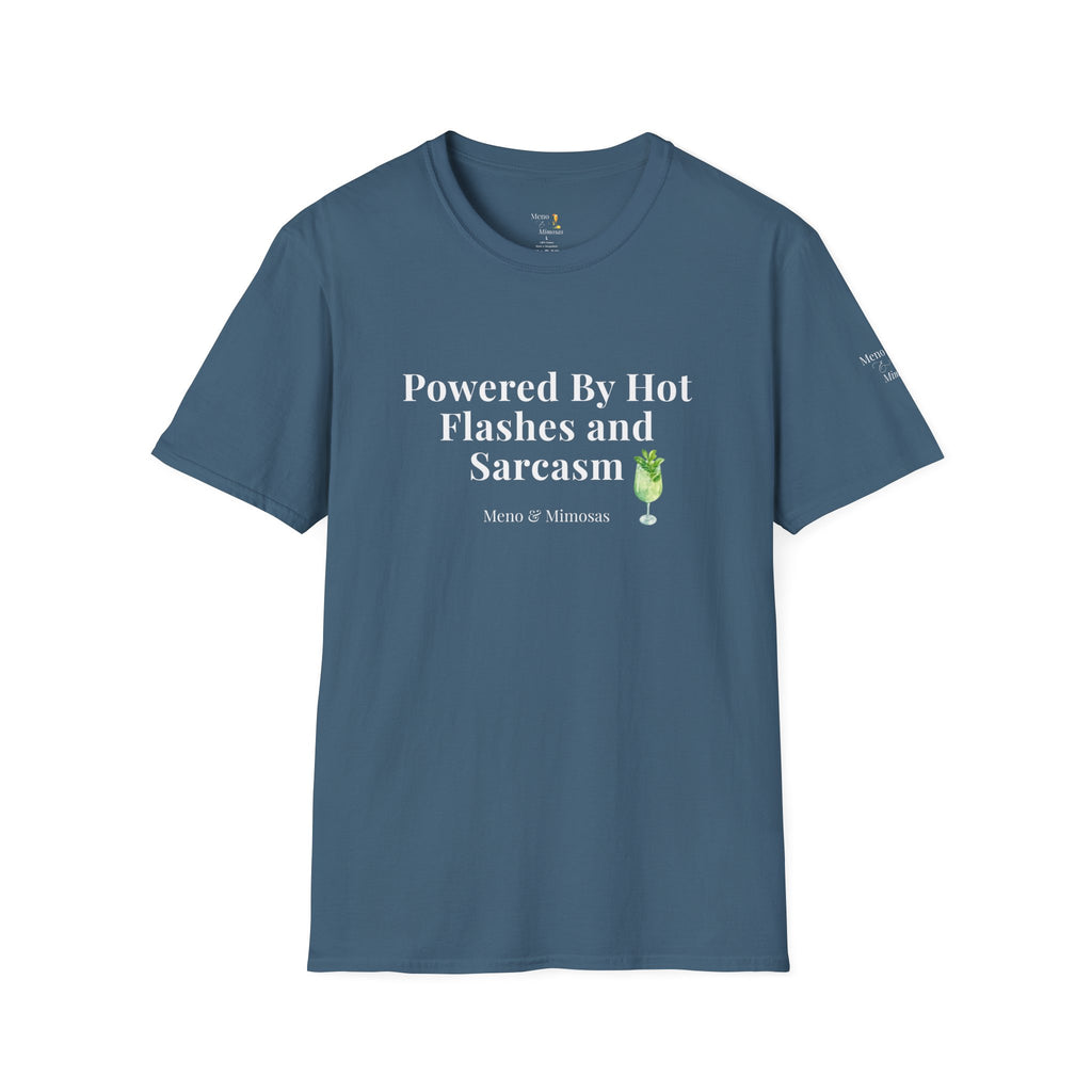 "Powered By Hot Flashes & Sarcasm" Funny Menopause T-Shirt by Meno & Mimosas