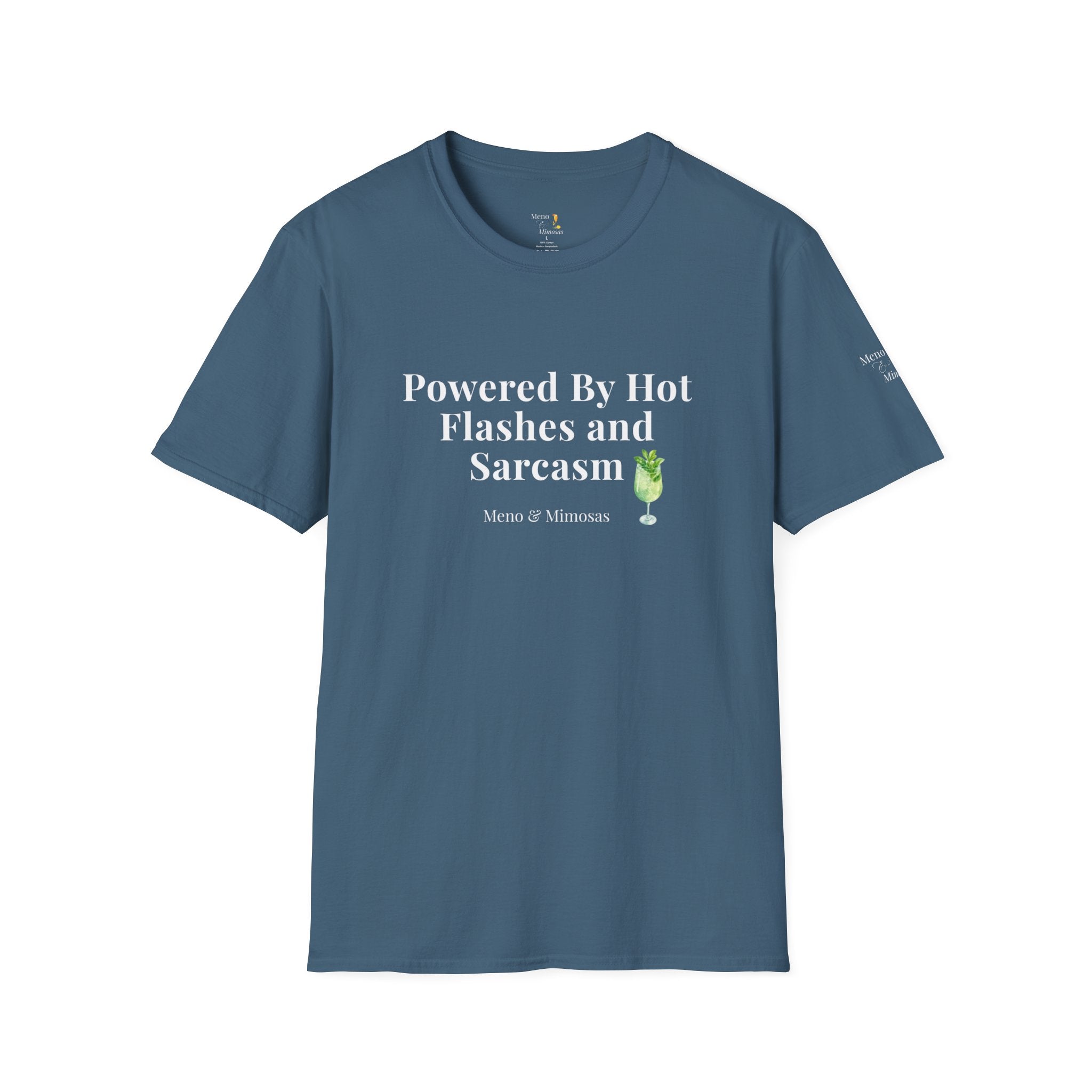 "Powered By Hot Flashes & Sarcasm" Funny Menopause T-Shirt by Meno & Mimosas