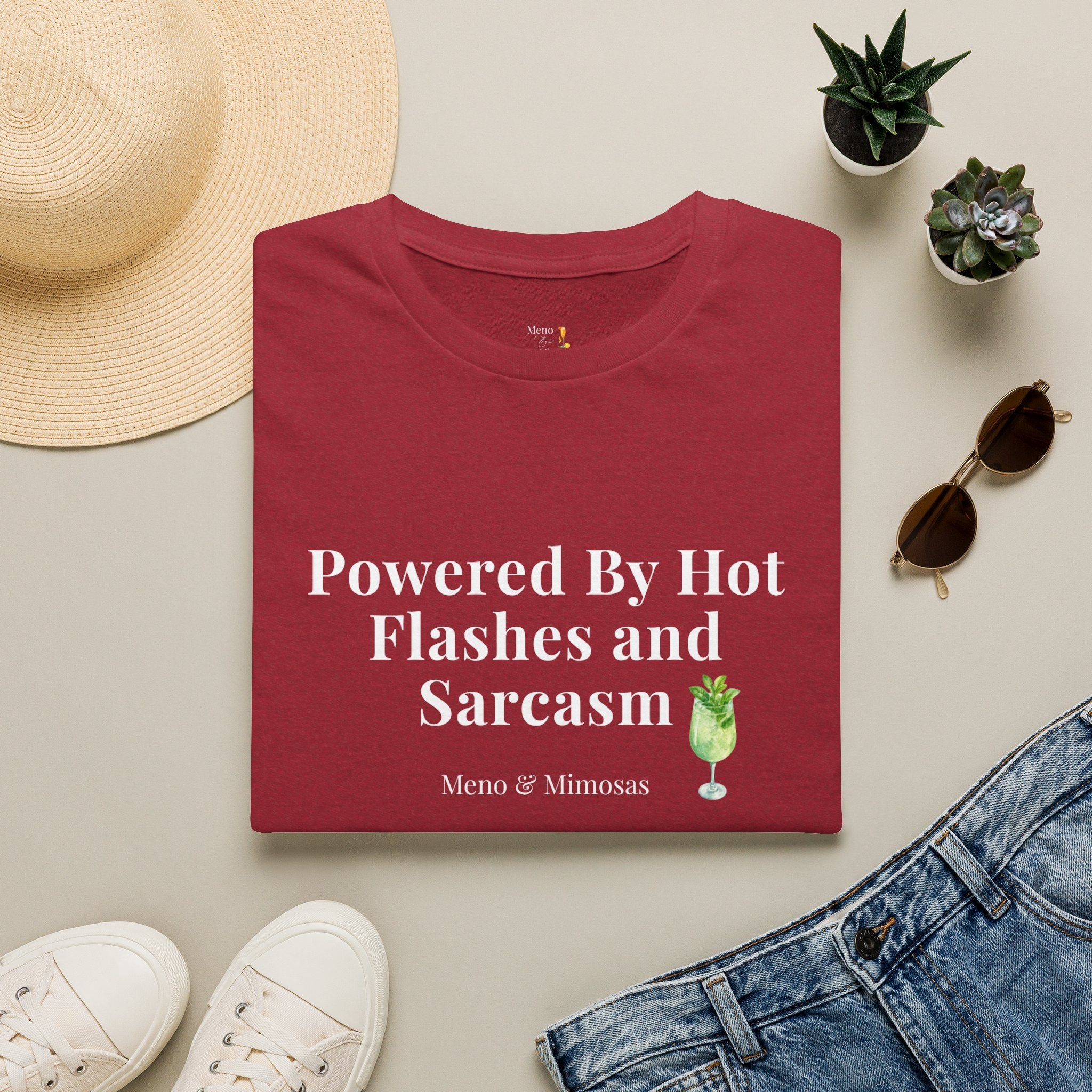 "Powered By Hot Flashes & Sarcasm" Funny Menopause T-Shirt by Meno & Mimosas